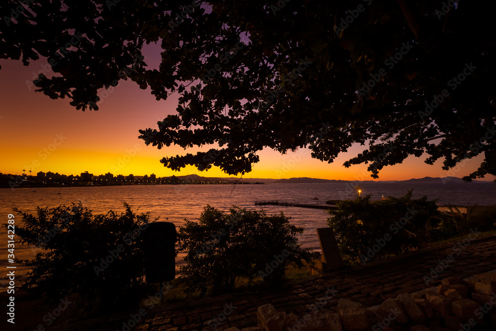 bay at sunset with Hercílio Luz bridge in the background, in Florianópolis, Santa Catarina, Brazil, Floripa city bay at sunset with Hercílio Luz bridge in the background, in Florianópolis, Santa Catarina, Brazil, Floripa city