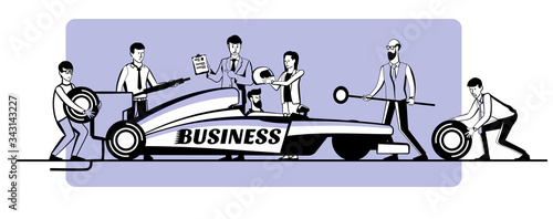 The Dream Team. A metaphor on the topic of a successful business. Successful management of employees and projects. Teamwork. Increase in income. Manager in a sports car at the pit stop.