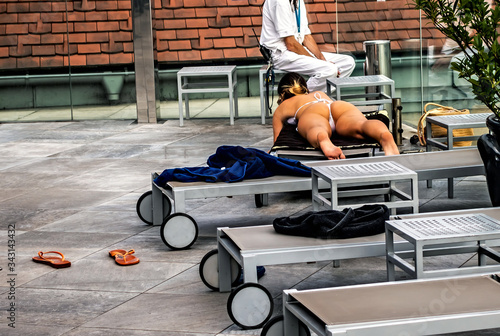 Photography Rudas Bath Tanned Woman Relaxation lounge chair Rooftop Medicinal Thermal Baths
