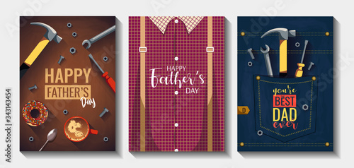 Set of cards or posters for Happy Father's Day. Plaid shirt with suspenders, denim pocket, tools, bolts, nuts, coffee and donut. A4 vector illustrations for banner, card, postcard, poster, cover.
