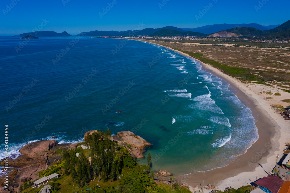 Aerial footage over Joaquina beach in Florianopolis, Santa Catarina, Brazil
