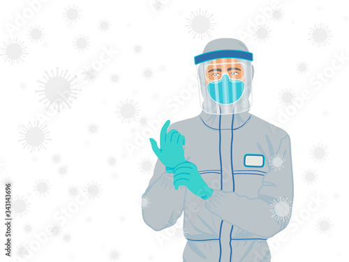 Medical doctor or person with mysophobia protecting self from Coronavirus wearing medical mask, goggles, face shield, rubber gloves and protection suit to prevent contact with COVID-19 isolated vector
