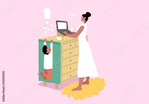 Woman working at home with loptop. Motherhood cocnecpt. Busy mom with computer. Child around her mother. Female as a freelancer indoor. Parent lifestyle. Cute family characters at room. 