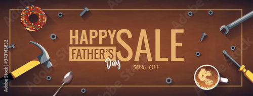 Special offer for Happy Father's Day with tools, bolts and nuts, coffee and donut on the table. Vector illustration for sale, commercial, promotion, discount, card, print, poster, banner.