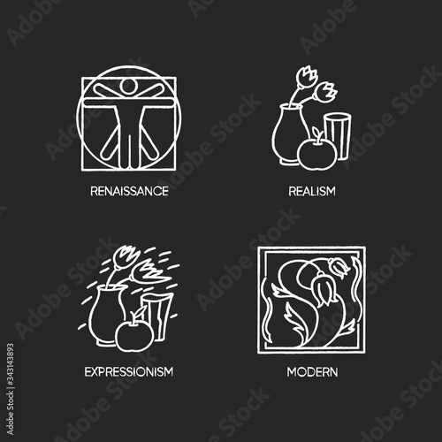 Cultural movements chalk white icons set on black background