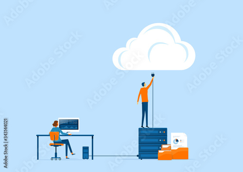 flat vector business technology storage and cloud connect concept with administrator and developer team working 