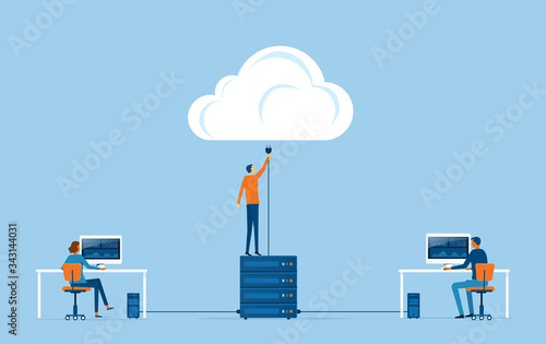 flat vector business technology storage and cloud connect concept with administrator and developer team working 