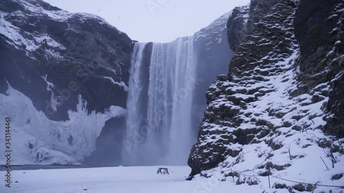 Skógafoss waterfall during the Icelandic winter.
