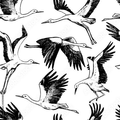 Hand drawn vector seamless pattern of beautiful flying storks. Realistic ink wild bird cranes background. Vintage monochrome wallpaper. Gentle surface design for wrap, textile, postcard, print, fabric