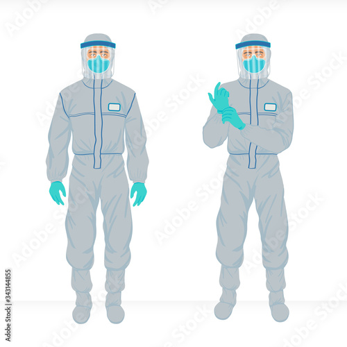 Medical doctor in virus protection suit getting ready to enter biohazard zone or Epidemiology virology scientist standing in protective suit for  coronavirus research vector character in EPS 10 format