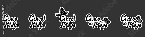 Sticker set Cinco de mayo handwritten lettering phrase design in black and white colors with hand draw cartoon doodles sombrero, maracas, pepper. Vector stock illustration.