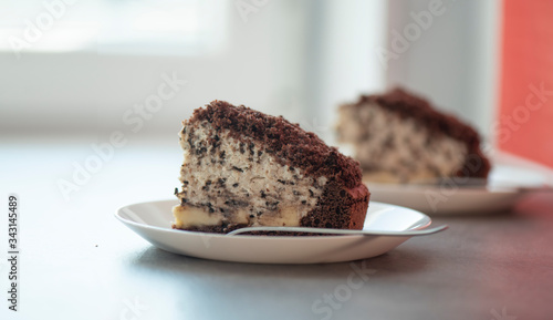 pieces of homemade chocolate cake on a wooden board