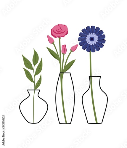 Flower in a vase on white background. Eustoma, gerbera, Italian ruscus branch in vases. Great design for any purposes.