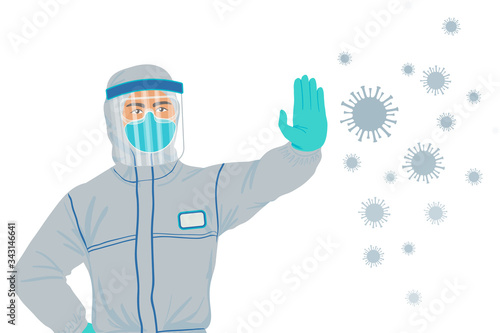 Scientist, nurse or doctor in virus protection suit stands strong to fight Coronavirus and to stop COVID-19 pandemic and prevent infection spread. Vector illustration isolated on white background
