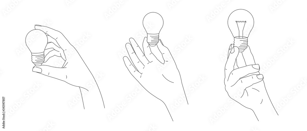 Set of three illustrations of hand holding a light bulb in different gesture position view, isolated simple linear graphic Set of three illustrations of hand holding a light bulb in different gesture position view, isolated simple linear graphic