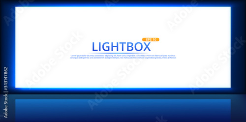 White lightbox screen with neon light on wall. Modern night backgtound with cinema display template design. Vector realisitc mockup.