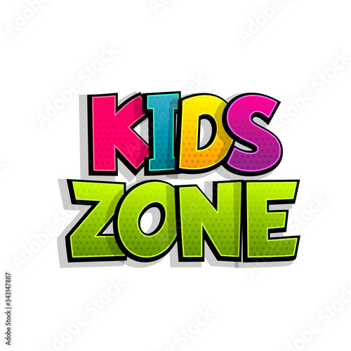 Kids zone comic text badge on splash sticker.
