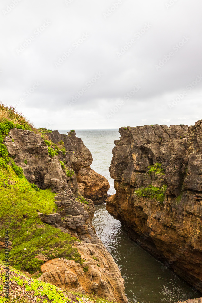 Pancake Rocks. View of the Tasman Sea. Paparoa national park, South Island, New Zealand
