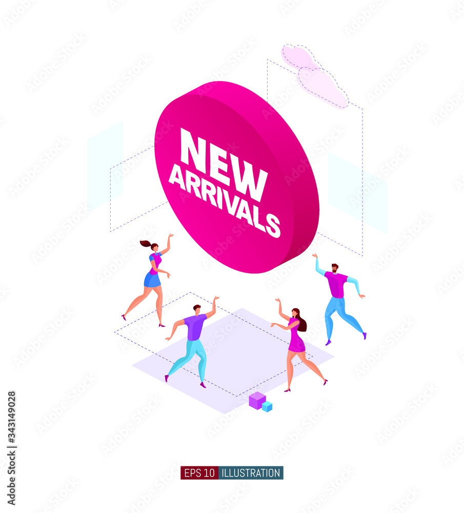 Trendy flat illustration. Customers around product promotion banner. New arrivals. Template for your design works. Vector illustration.