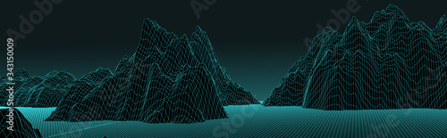 3d futuristic panoramic wireframe mountain landscape vector illustration