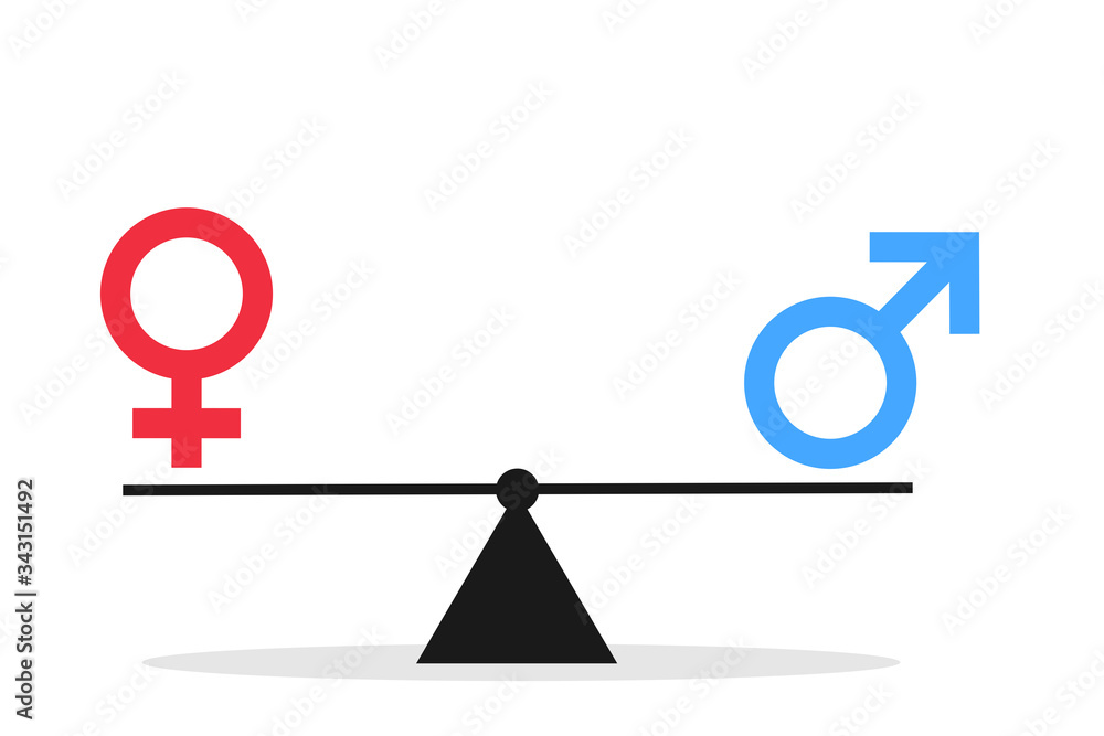 Gender and sexual equality - male and female sex symbol are balanced on weight and scale. Neutrality between man and woman, girl and boy. Vector illustration isolated on white. Gender and sexual equality - male and female sex symbol are balanced on weight and scale. Neutrality between man and woman, girl and boy. Vector illustration isolated on white.