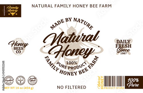 Honey label template and packaging design elements for apiary and beekeeping products, branding and identity. Vector honey illustration