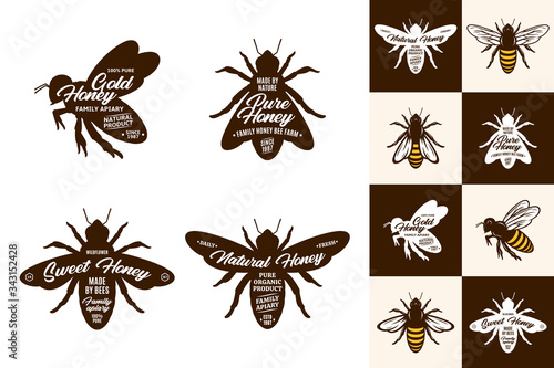 Vector bee icons and logo collection on different backgrounds