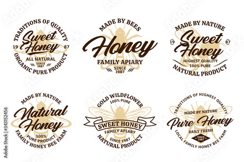 Vector honey vintage logo with bee icons for honey products, apiary and beekeeping branding and identity
