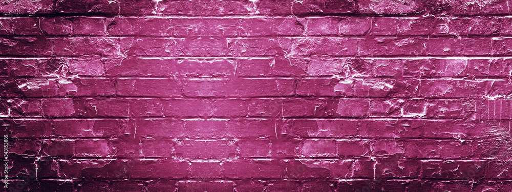 Dark pink damaged rustic brick wall texture background banner panorama 