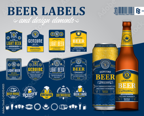 Vector blue and yellow premium quality beer labels. Realistic glass bottle and aluminum can mockup. Brewing company branding and identity design elements