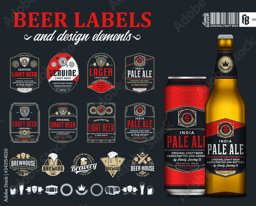 Vector black and red premium quality beer labels. Realistic glass bottle and aluminum can mockup. Brewing company branding and identity icons, badges, insignia and design elements