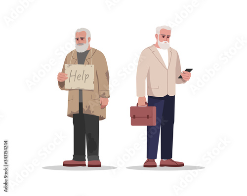 Elderly employment situation semi flat RGB color vector illustration set