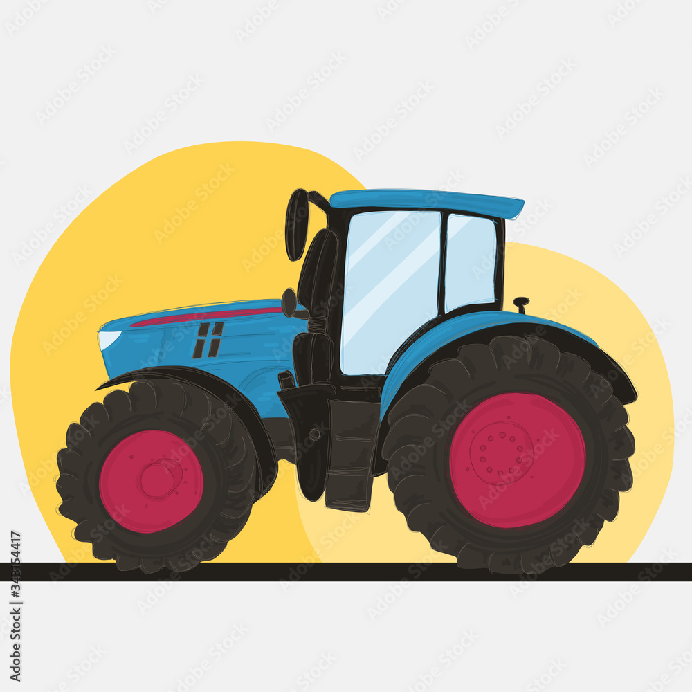 Obraz premium Agriculture farm machine, blue tractor vehicle with pink wheels on yellow background. 