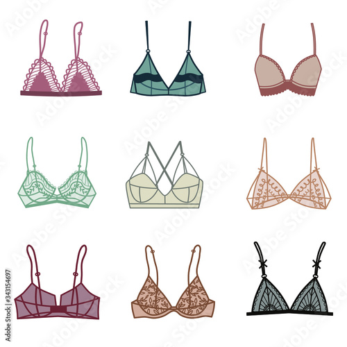 Set with different types of underwear. Bra. Balcony, bralette, classic, triangle. Lingerie. Simple vector illustration.