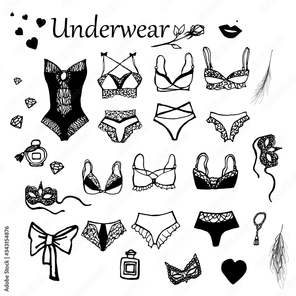 Set of underwear, sets of lace. Gentle and sexy sets of bras, panties. Vector, doodle style. Design elements for underwear stores.