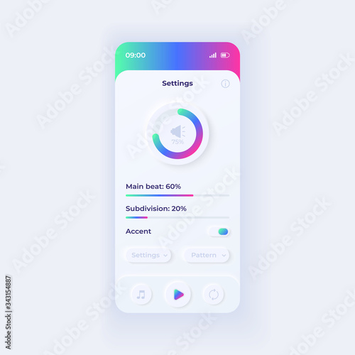 Metronome application settings smartphone interface vector template. Mobile app page light design layout. Parameters adjustment screen. Flat UI for application. Volume and BPM amount on phone display