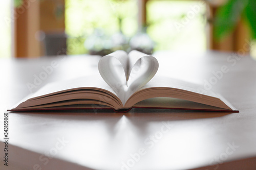 Zwei Blätter eines aufgeschlagenen Buches bilden eine Herzform. Das Buch liegt auf einem hellen Tisch und durch Fenster sieht man grüne Natur.