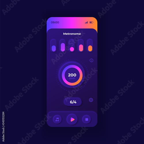 Metronome application smartphone interface vector template. Mobile app page dark design layout. Musical beat support screen. Flat UI for application. BPM amount, musician instrument on phone display