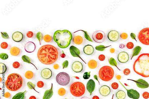Fresh summer vegetables  a flat lay on a white background  vibrant food pattern  shot from above with copy space  a design template