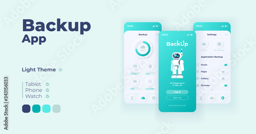Backup application cartoon smartphone interface vector templates set. Mobile app screen page day mode design. Database log in page and settings UI for application. Phone display with flat character