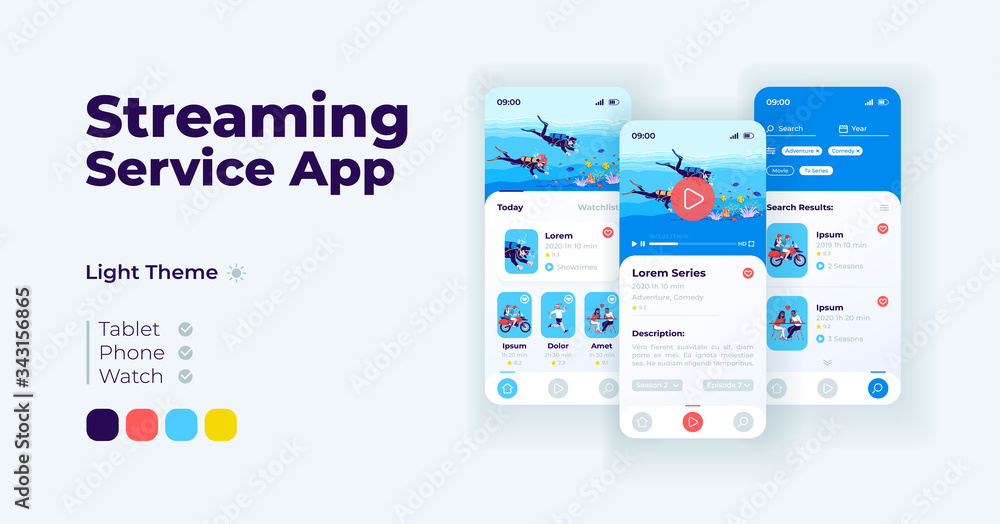 Streaming service cartoon smartphone interface vector templates set. Mobile app screen page day mode design. Vlogging channel updates UI for application. Phone display with flat character