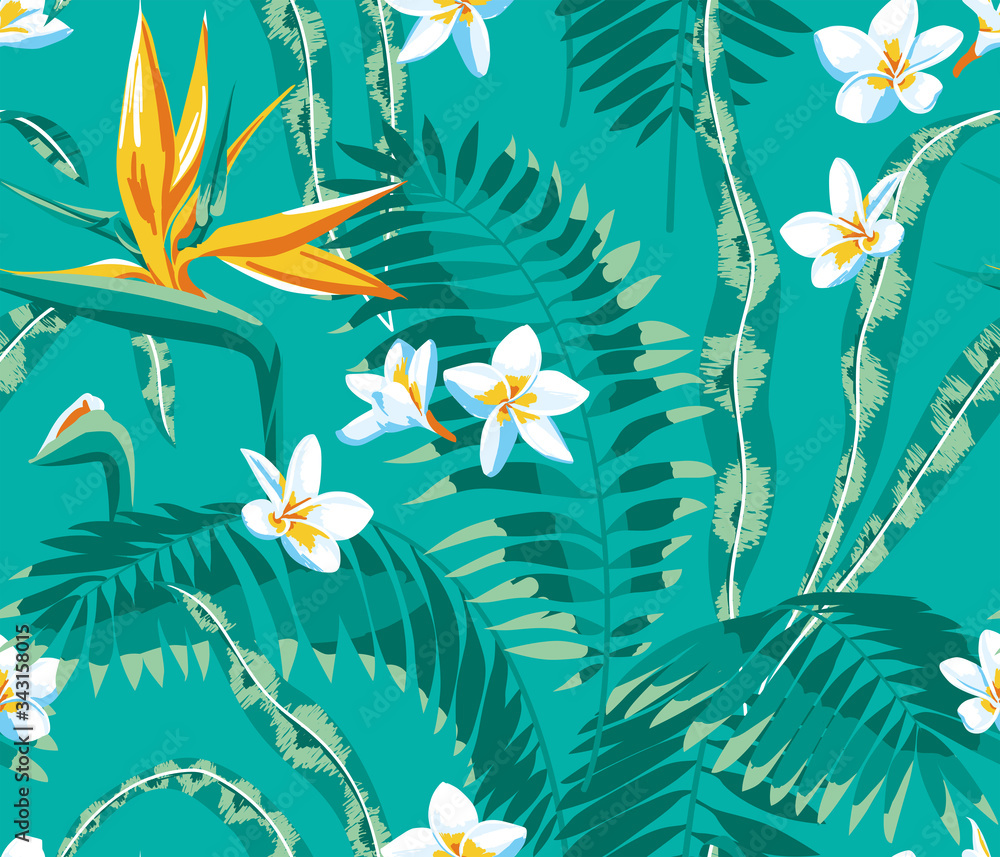 Seamless pattern of tropical leaves and flowers of plumeria and strelitzia on a turquoise background.
