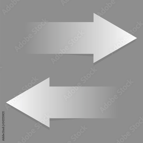 Two arrows pointing in different directions of gray with a white tint, with a gradient. Arrows with a unique design and idea. Vector graphics. Stock Photo.