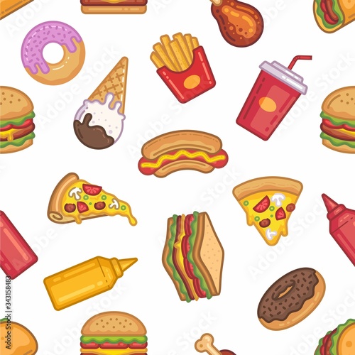 pattern seamless of burger, taco, pizza, hot dog, sandwich, chicken, french fries, sausage, mustard, soft drink, donut, ice cream in style flat, line, modern design. - vector illustration