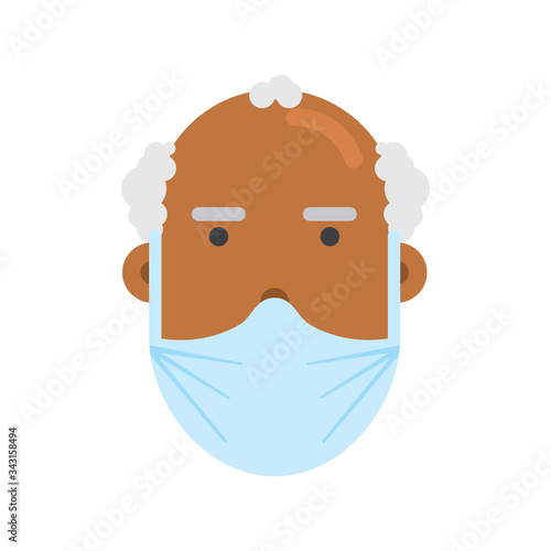 Person wearing breathing mask. Healthcare protection. Human character design. Man. Old. Vector. Sickness prevention. Campaign. Advice on protective respiratory mask. Covid-19. Avoid virus.