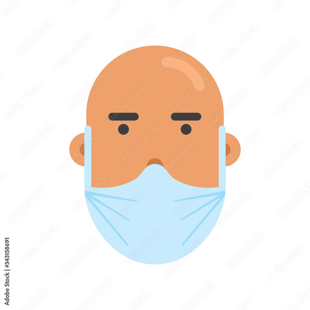 Person wearing breathing mask. Healthcare protection. Human character design. Man. Bold. Vector. Sickness prevention. Campaign. Advice on protective respiratory mask. Covid-19. Avoid virus.