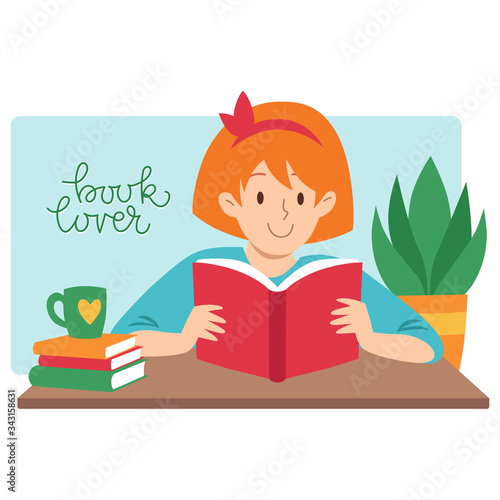 Book lover, cute smiling red hair girl sitting on table with open book. Hand drawn flat vector illustration. Literature fan, education, reading books. Stay home, self isolation concept.