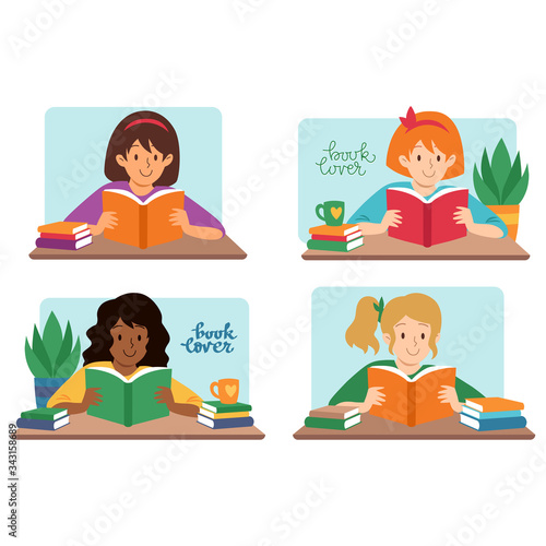 Hand drawn flat vector illustration set cartoon characters of different races. Book lover, cute smiling girl sitting on table reading book. Literature fan, education, stay home concept.