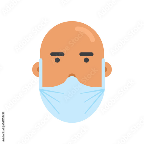 Person wearing breathing mask. Healthcare protection. Human character design. Man. Bold. Vector. Sickness prevention. Campaign. Advice on protective respiratory mask. Covid-19. Avoid virus.
