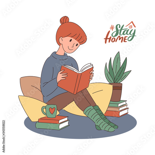 Cute cartoon girl in blue sweatshirt sitting on pillows and reading a book. Flat vector illustration for self-isolation, bookworm, introvert concept. Stay home poster design.